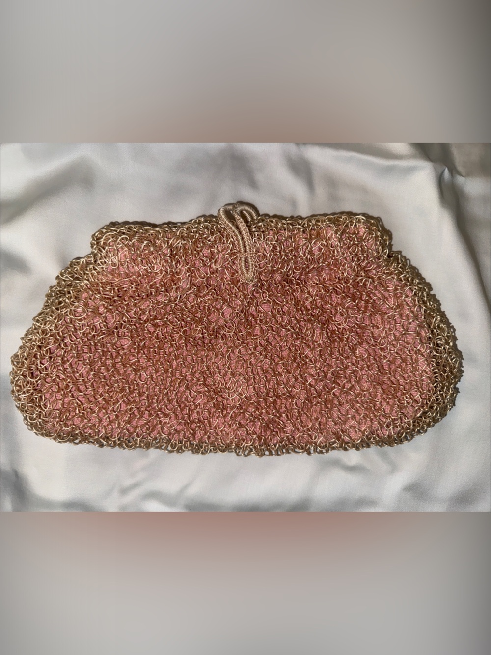 Vintage Italian Handmade Gold Crochet Pink Lined Clutch - Picture 3 of 3